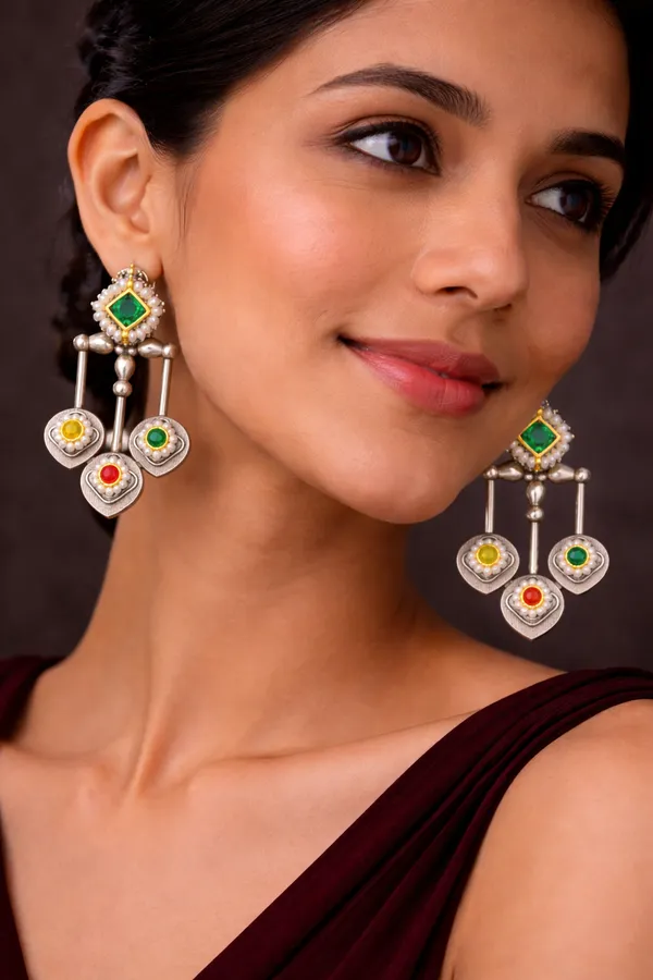 Silver_Replica_Green_Multi_Stone_Designer_Earrings_|_Brass_Ethnic_Statement_Earrings_for_Women