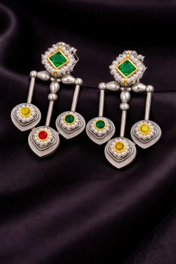 Silver_Replica_Green_Multi_Stone_Designer_Earrings_|_Brass_Ethnic_Statement_Earrings_for_Women