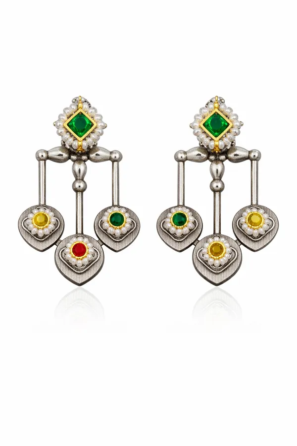Silver_Replica_Green_Multi_Stone_Designer_Earrings_|_Brass_Ethnic_Statement_Earrings_for_Women