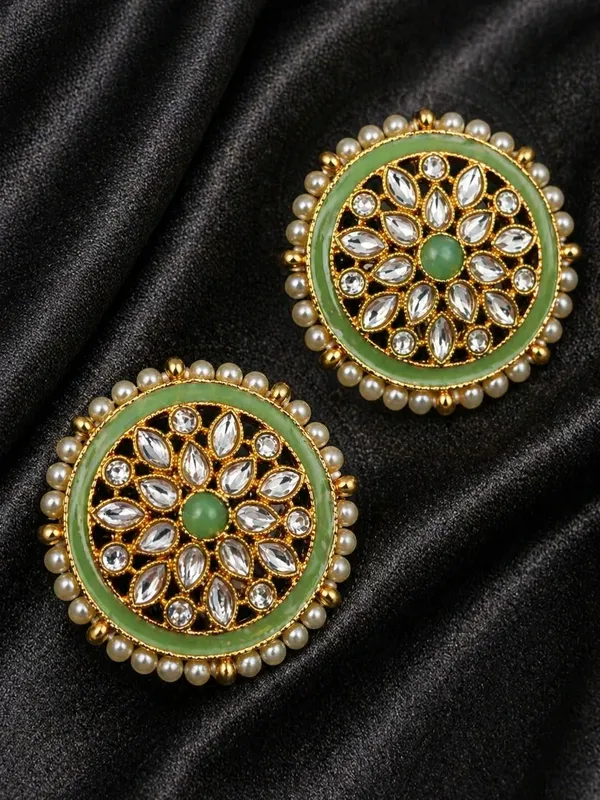 Indian_Shringar_Kundan_Stud_Earrings_|_Green_Stone_Pearl_Studs_|_Ethnic_Daily_Wear_Earrings