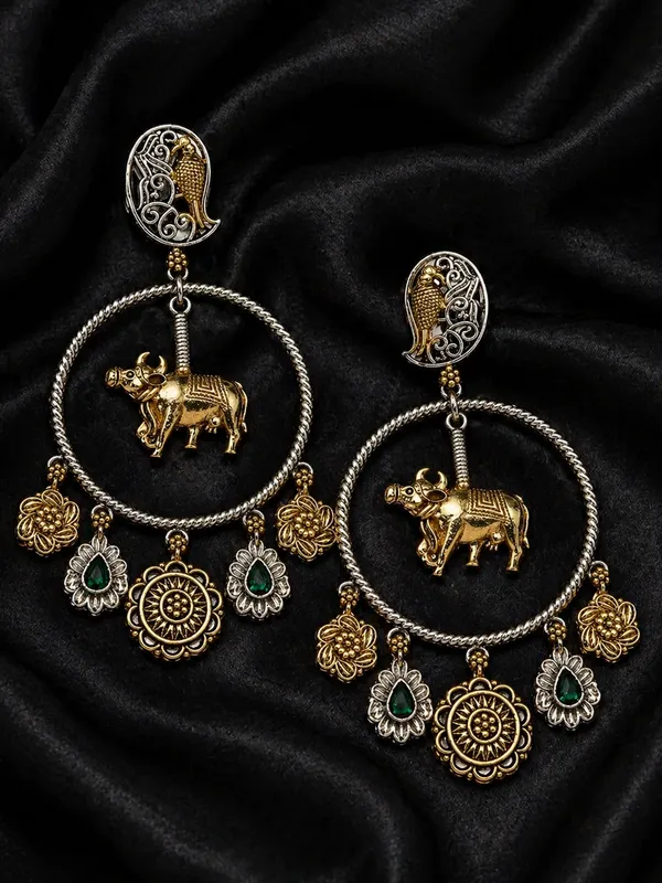 Indian_Shringar_Dual_Tone_Elephant_Hoop_Earrings_|_Green_Stone_Ethnic_Earrings_|_Traditional_Boho_Jewelry