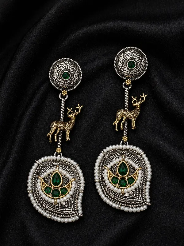 Indian_Shringar_Dual_Tone_Deer_Motif_Earrings_(Green)_|_Ethnic_Statement_Earrings_|_Festive_Jewelry