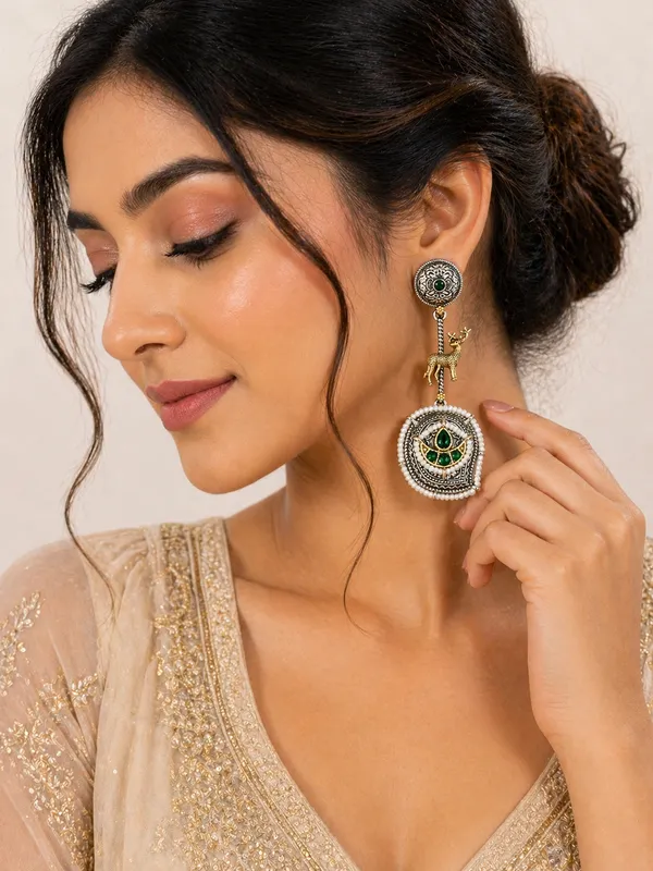 Indian_Shringar_Dual_Tone_Deer_Motif_Earrings_(Green)_|_Ethnic_Statement_Earrings_|_Festive_Jewelry