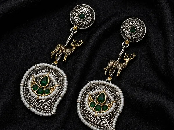 Indian_Shringar_Dual_Tone_Deer_Motif_Earrings_(Green)_|_Ethnic_Statement_Earrings_|_Festive_Jewelry
