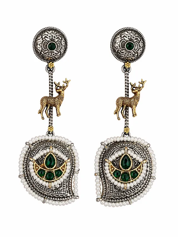 Indian_Shringar_Dual_Tone_Deer_Motif_Earrings_(Green)_|_Ethnic_Statement_Earrings_|_Festive_Jewelry