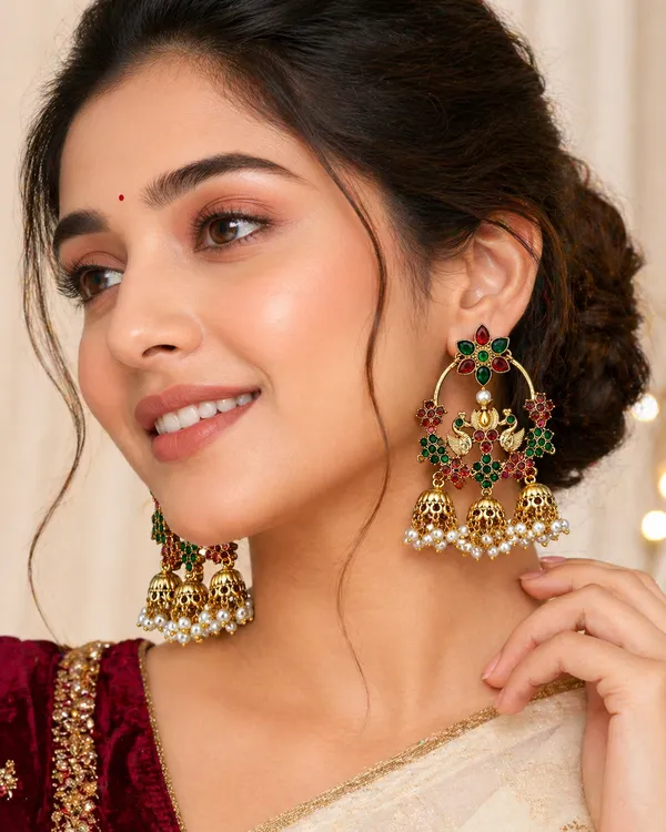 Royal_Peacock_Chandbali_Earrings_(Red_&_Green)_|_Traditional_Bridal_Jhumki_with_Pearls