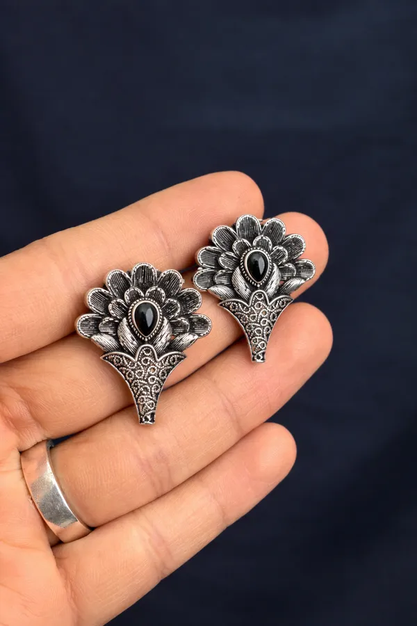 Elegant_Silver_Replica_Floral_Earrings_with_Ruby__Black_Monalisa_Stone_|_Brass_Stud_Earrings