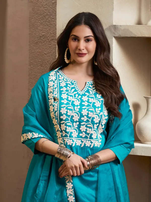 Aqua_Blue_Rayon_Slub_Premium_&_Fancy_Design_Kurta_Set_For_Women