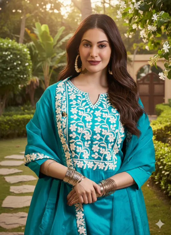 Aqua_Blue_Rayon_Slub_Premium_&_Fancy_Design_Kurta_Set_For_Women