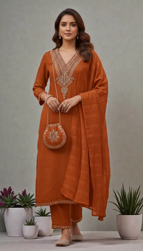 Orange_Rayon_Slub_Premium_&_Fancy_Design_Kurta_Set_For_Women