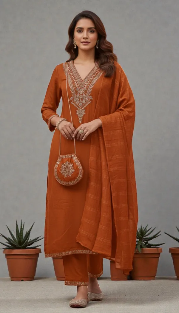 Orange_Rayon_Slub_Premium_&_Fancy_Design_Kurta_Set_For_Women