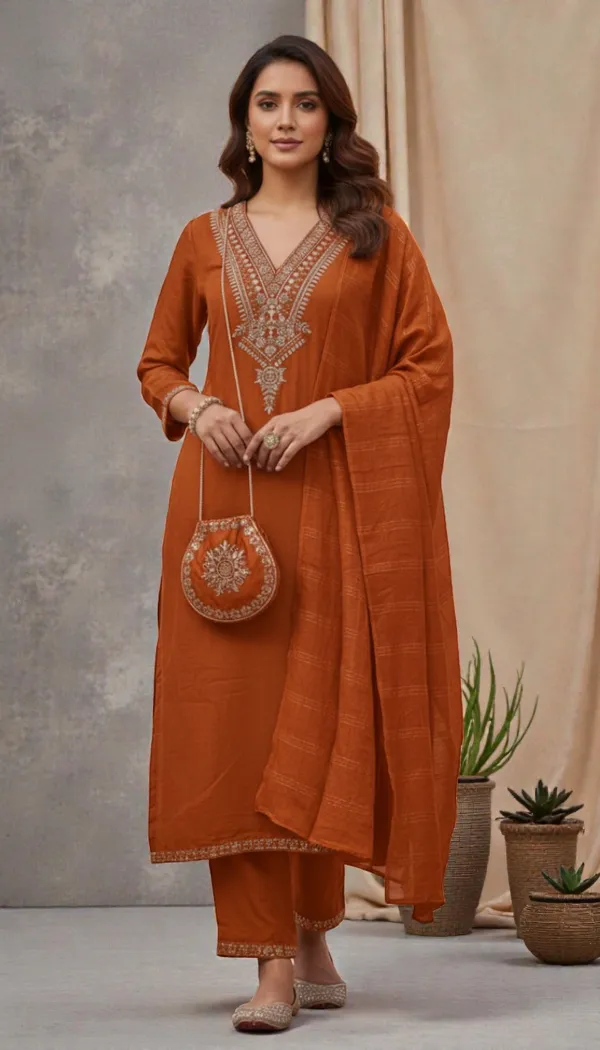 Orange_Rayon_Slub_Premium_&_Fancy_Design_Kurta_Set_For_Women