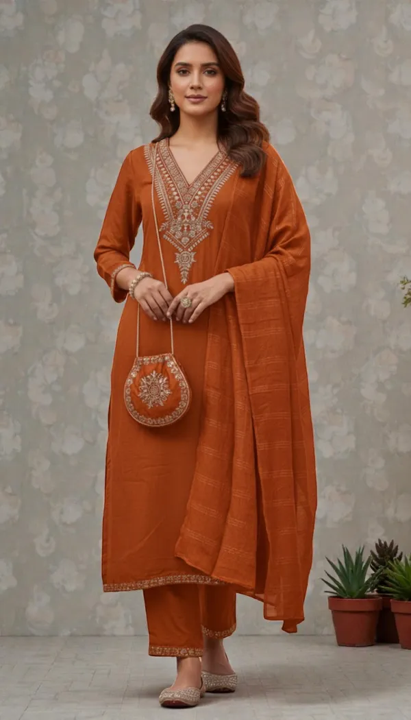 Orange_Rayon_Slub_Premium_&_Fancy_Design_Kurta_Set_For_Women
