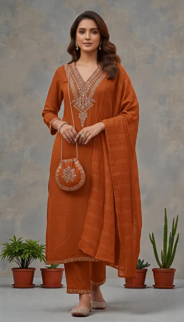 Orange_Rayon_Slub_Premium_&_Fancy_Design_Kurta_Set_For_Women