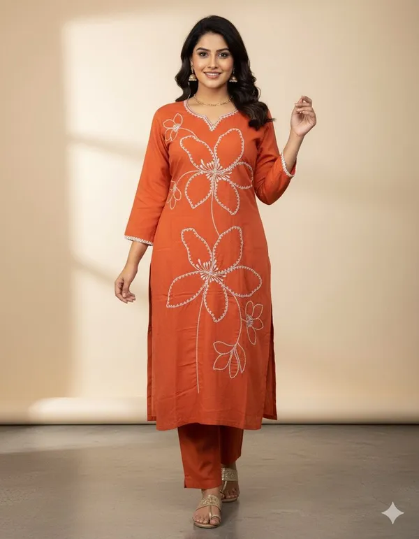 Orange_Rayon_Slub_Premium_&_Fancy_Design_Kurta_Set_For_Women