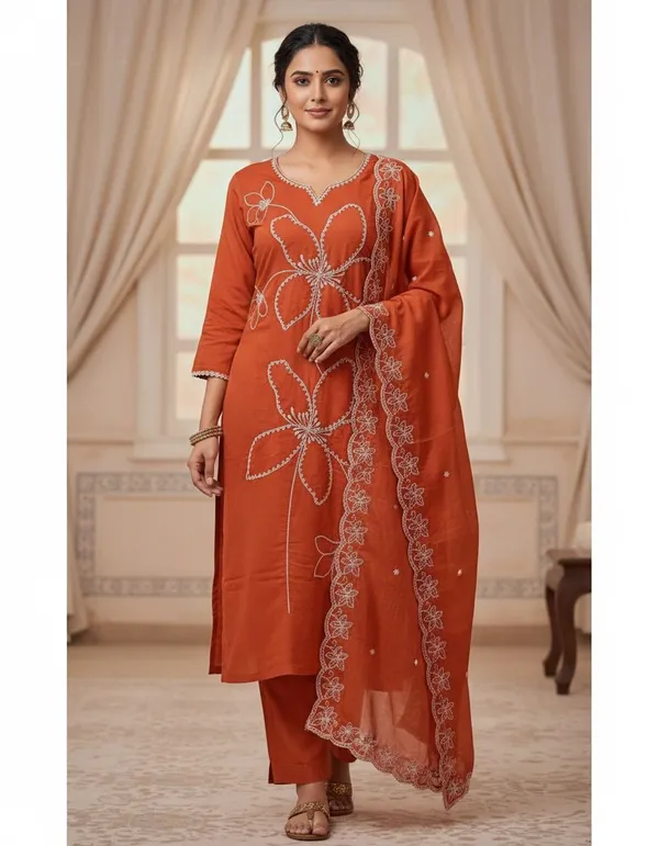 Orange_Rayon_Slub_Premium_&_Fancy_Design_Kurta_Set_For_Women