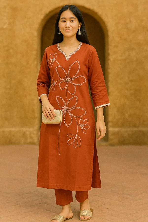Orange_Rayon_Slub_Premium_&_Fancy_Design_Kurta_Set_For_Women