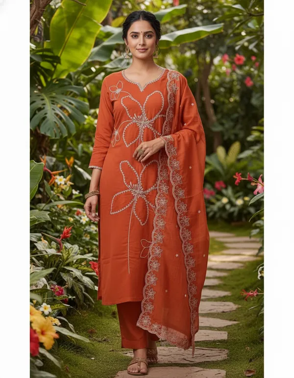 Orange_Rayon_Slub_Premium_&_Fancy_Design_Kurta_Set_For_Women