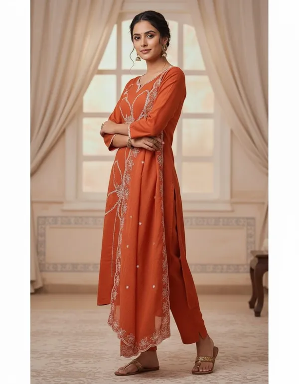 Orange_Rayon_Slub_Premium_&_Fancy_Design_Kurta_Set_For_Women