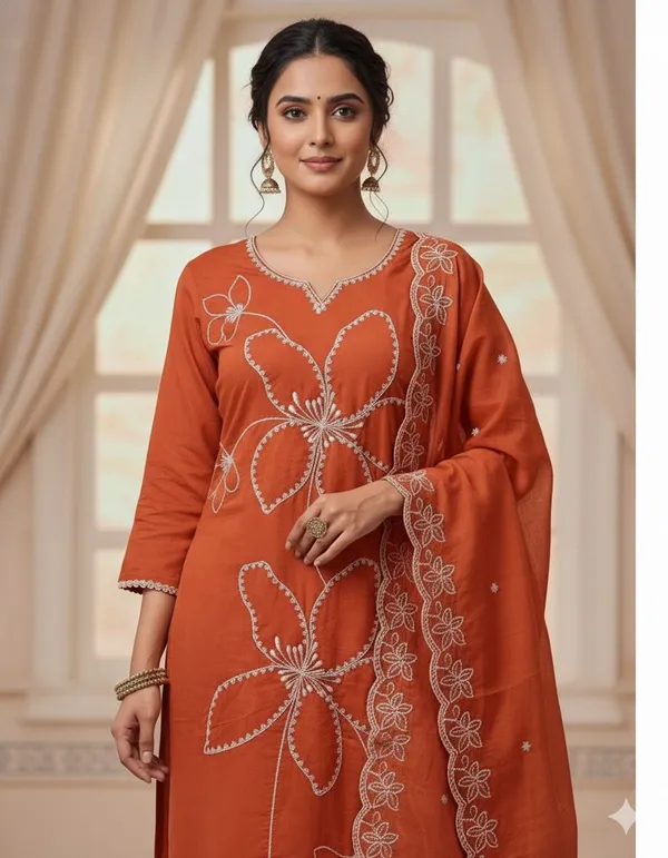 Orange_Rayon_Slub_Premium_&_Fancy_Design_Kurta_Set_For_Women