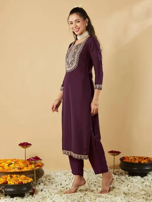 Deep_Wine_Chanderi_Premium_&_Fancy_Design_Kurta_Set_For_Women