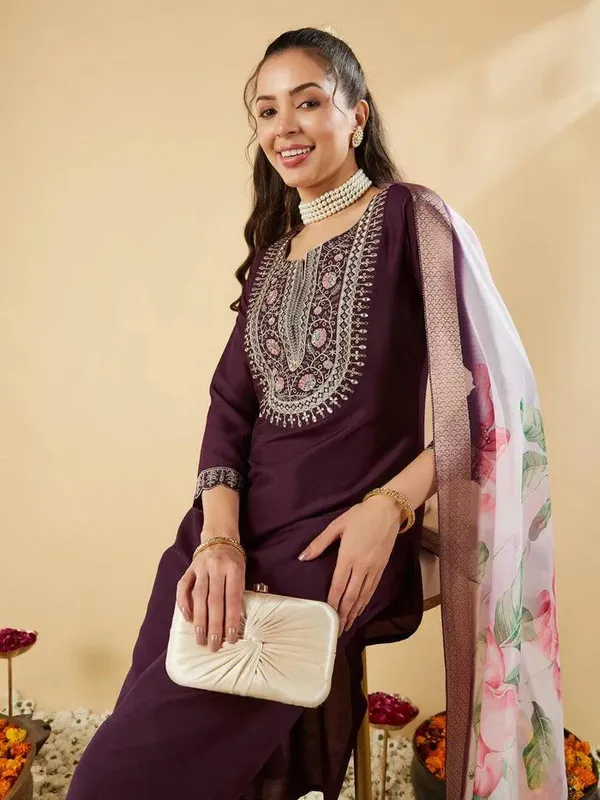 Deep_Wine_Chanderi_Premium_&_Fancy_Design_Kurta_Set_For_Women