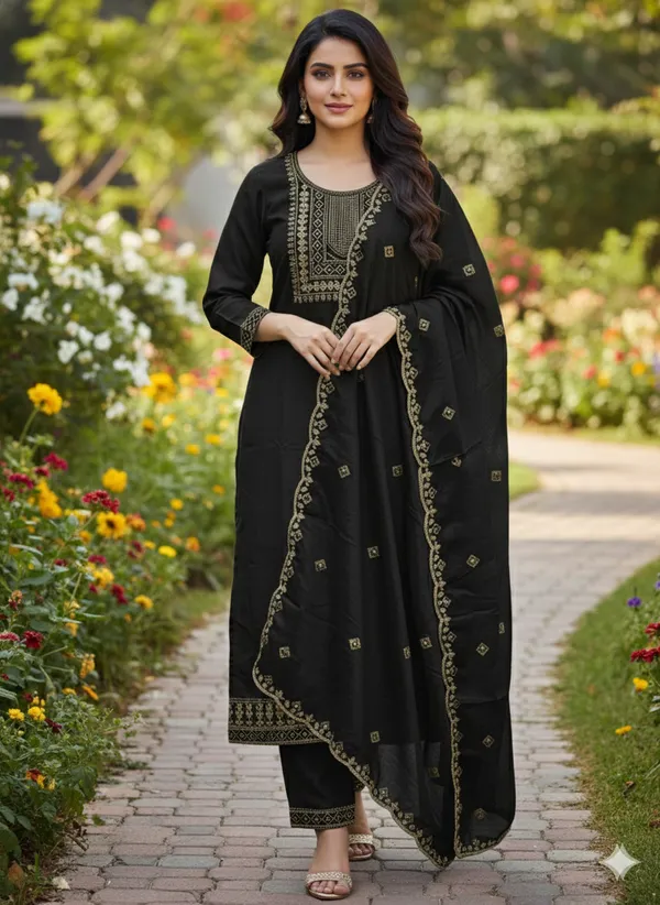 Black_Rayon_Slub_Premium_&_Fancy_Design_Kurta_Set_For_Women