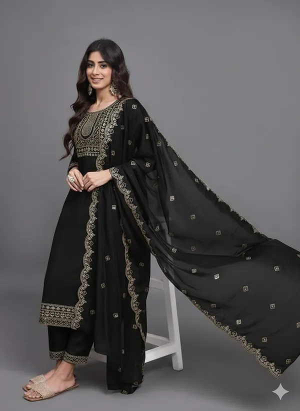 Black_Rayon_Slub_Premium_&_Fancy_Design_Kurta_Set_For_Women