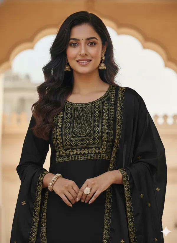 Black_Rayon_Slub_Premium_&_Fancy_Design_Kurta_Set_For_Women