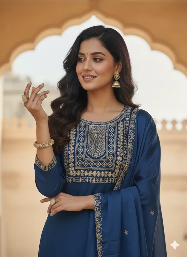 Blue_Rayon_Slub_Premium_&_Fancy_Design_Kurta_Set_For_Women