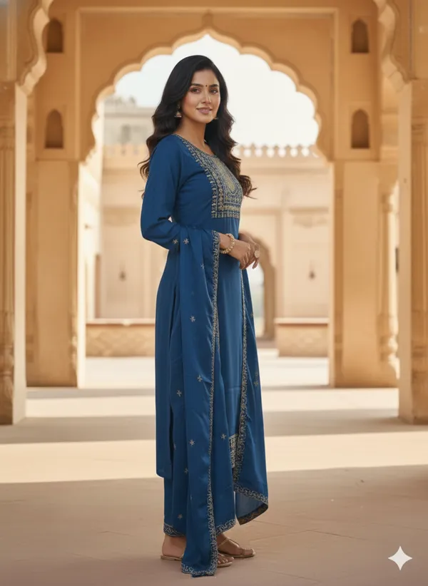 Blue_Rayon_Slub_Premium_&_Fancy_Design_Kurta_Set_For_Women