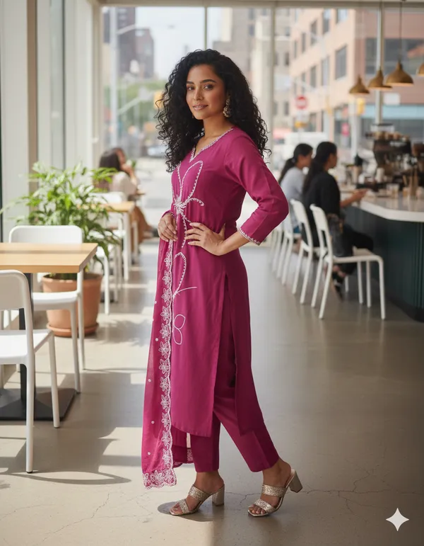 Hot_Pink_Rayon_Slub_Premium_&_Fancy_Design_Kurta_Set_For_Women