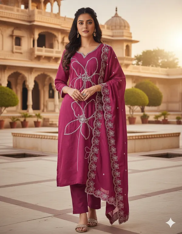Hot_Pink_Rayon_Slub_Premium_&_Fancy_Design_Kurta_Set_For_Women