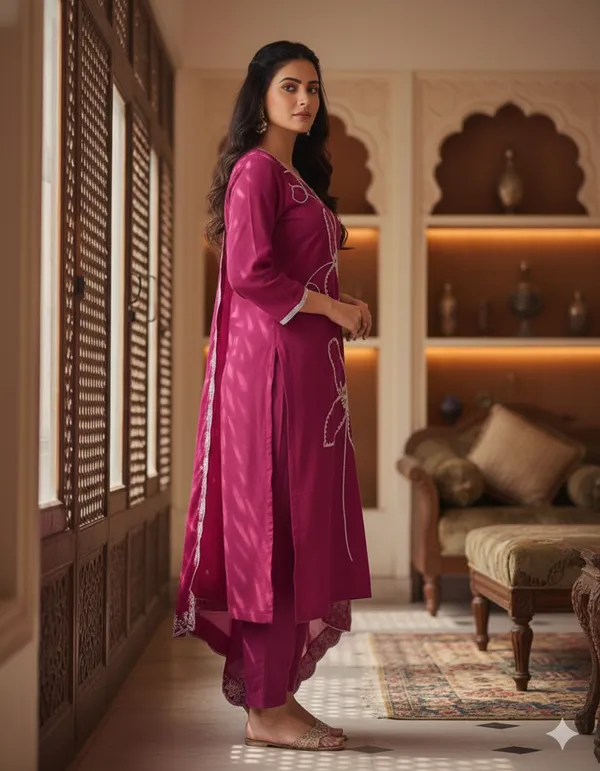 Hot_Pink_Rayon_Slub_Premium_&_Fancy_Design_Kurta_Set_For_Women