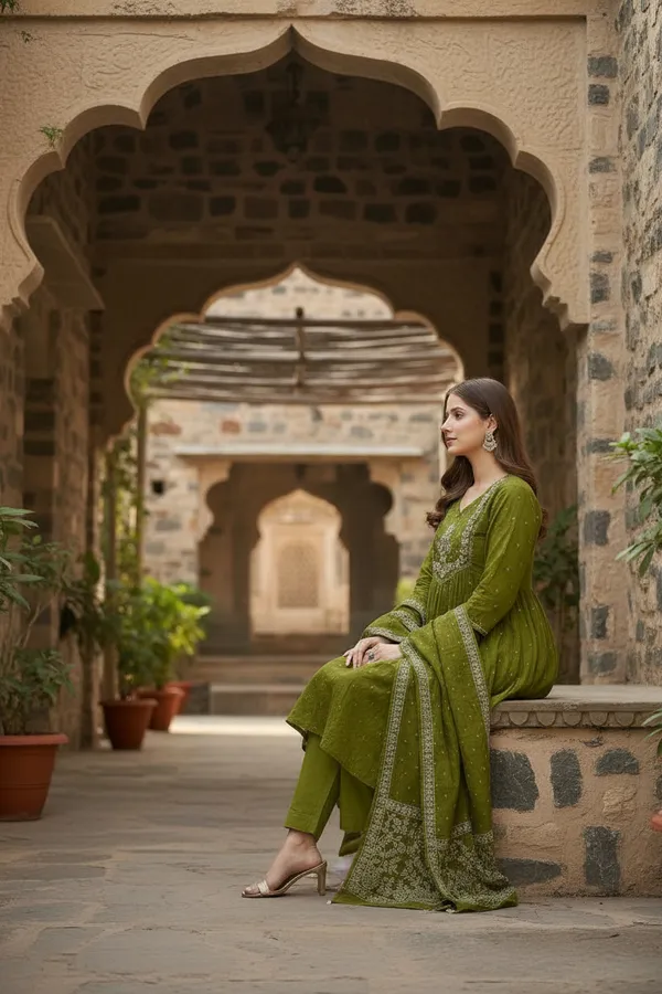 Green_Chanderi_Premium_&_Fancy_Design_Kurta_Set_For_Women
