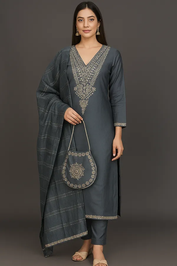 Dark_Grey_Rayon_Slub_Premium_&_Fancy_Design_Kurta_Set_For_Women