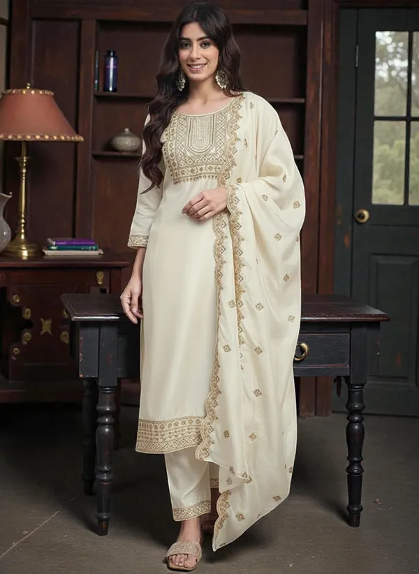 Off_White_Rayon_Slub_Premium_&_Fancy_Design_Kurta_Set_For_Women