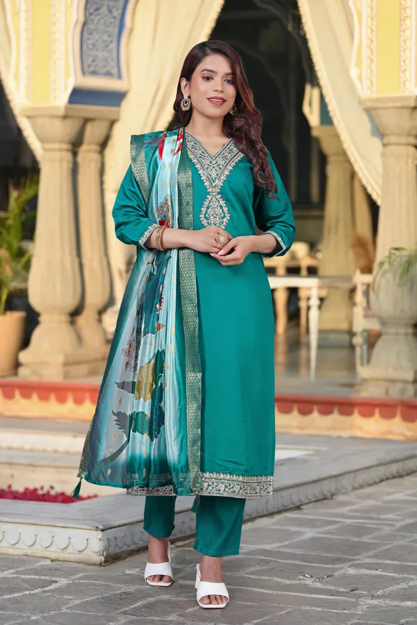 Teal_Blue_Chanderi_Premium_&_Fancy_Design_Kurta_Set_For_Women