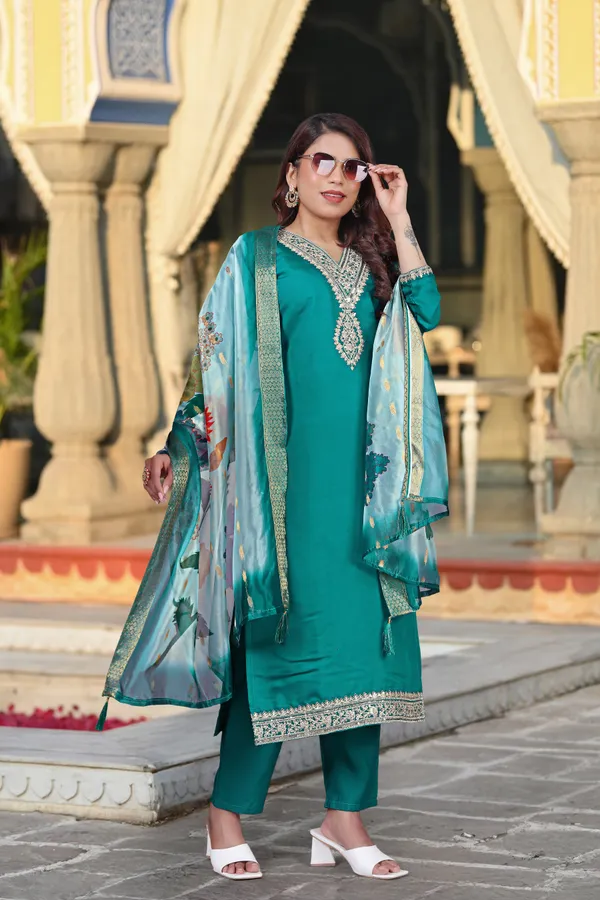 Teal_Blue_Chanderi_Premium_&_Fancy_Design_Kurta_Set_For_Women