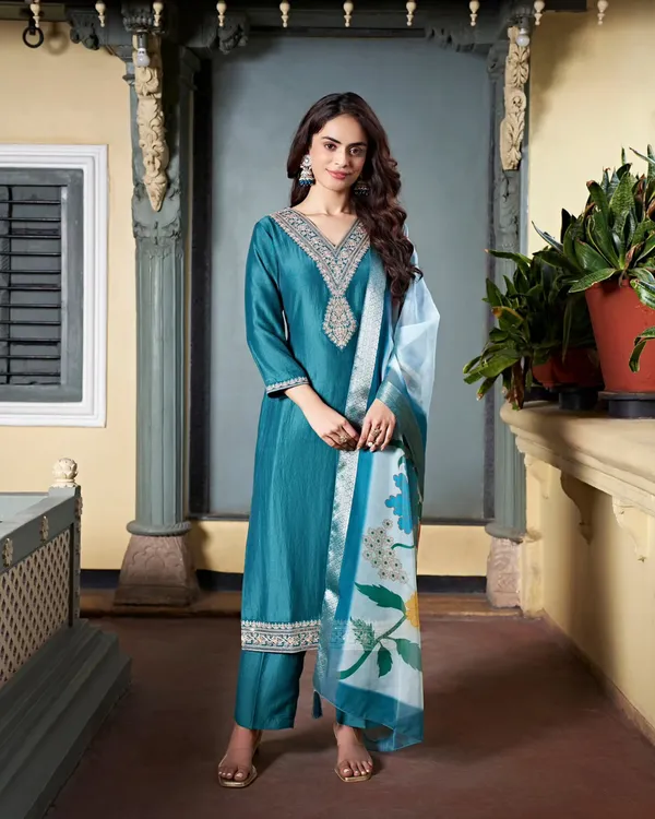 Teal_Blue_Chanderi_Premium_&_Fancy_Design_Kurta_Set_For_Women