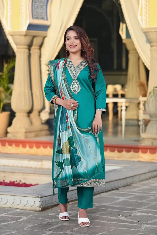 Teal_Blue_Chanderi_Premium_&_Fancy_Design_Kurta_Set_For_Women