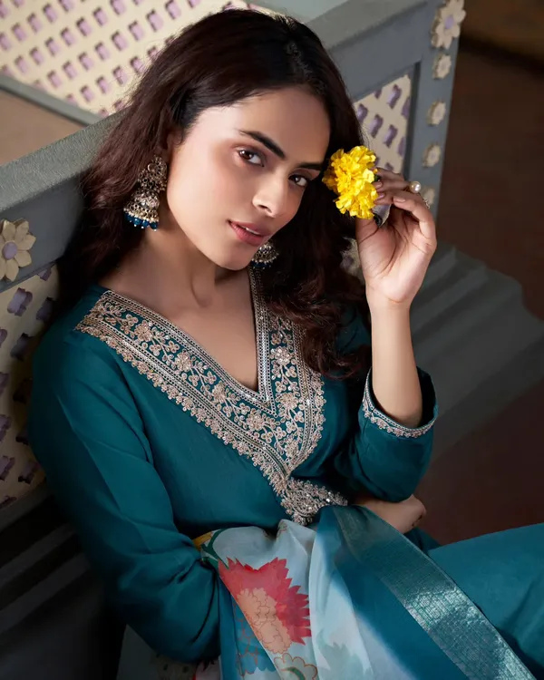 Teal_Blue_Chanderi_Premium_&_Fancy_Design_Kurta_Set_For_Women