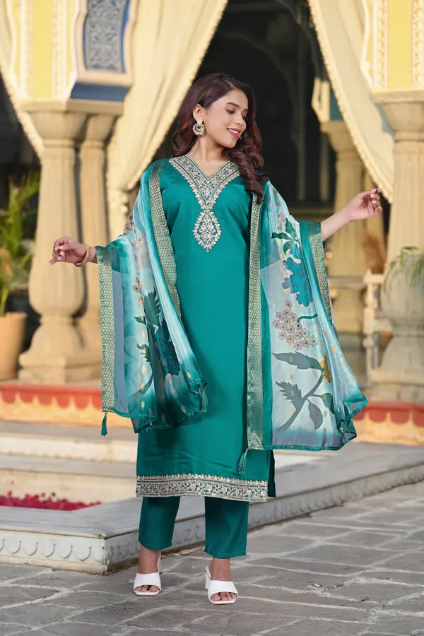 Teal_Blue_Chanderi_Premium_&_Fancy_Design_Kurta_Set_For_Women