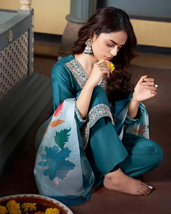 Teal_Blue_Chanderi_Premium_&_Fancy_Design_Kurta_Set_For_Women