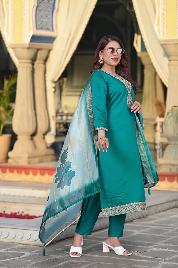Teal_Blue_Chanderi_Premium_&_Fancy_Design_Kurta_Set_For_Women