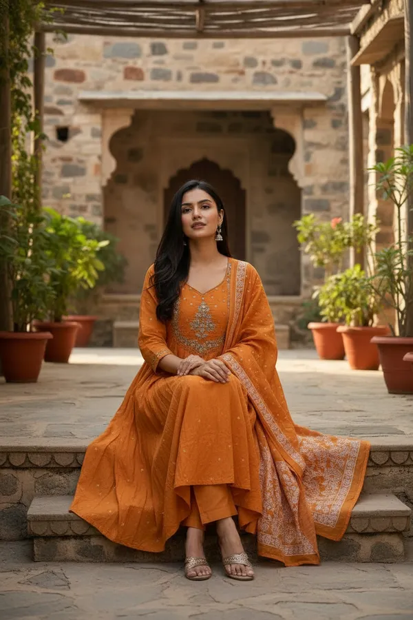 Orange_Chanderi_Premium_&_Fancy_Design_Kurta_Set_For_Women