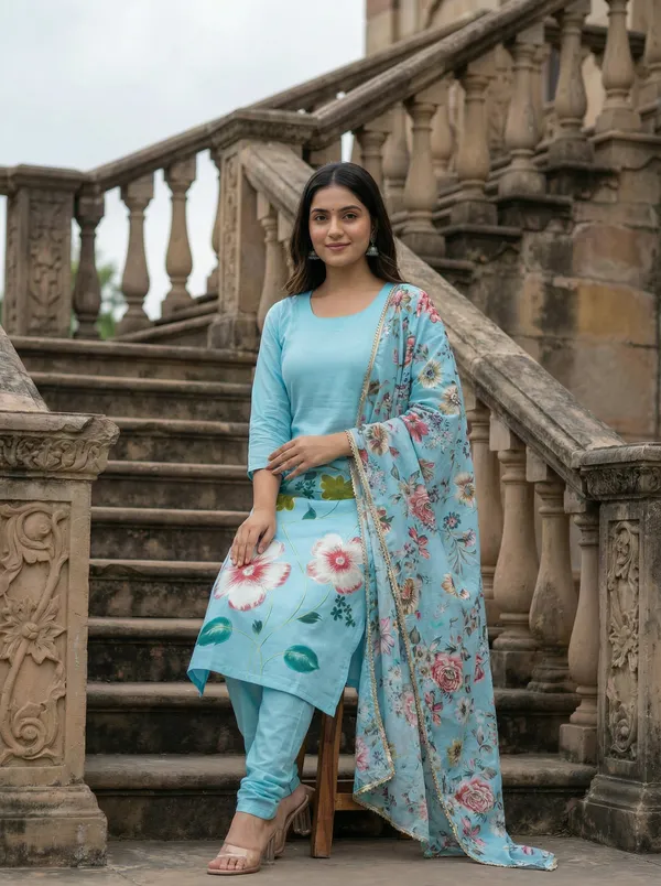 Light_Blue_Chanderi_Premium_&_Fancy_Design_Kurta_Set_For_Women