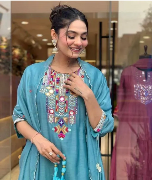 Sky_Blue_Roman_Silk_Premium_&_Fancy_Design_Kurta_Set_For_Women
