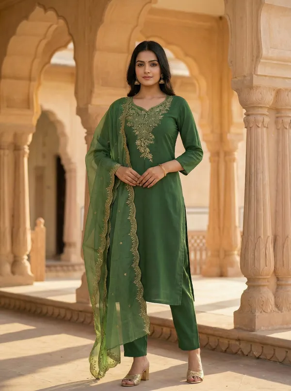 Green_Chanderi_Premium_&_Fancy_Design_Kurta_Set_For_Women