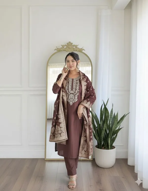 Brown_Rayon_Slub_Premium_&_Fancy_Design_Kurta_Set_For_Women